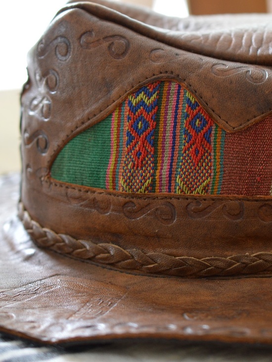 Handmade Tooled Leather Outback Hat Inlaid Woven Textile Fedora main image 8